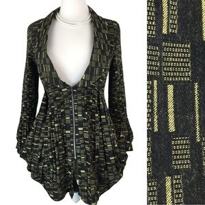Lindi Black and Gold Yellow Pleated Geometric Peplum Jacket Coat size Small